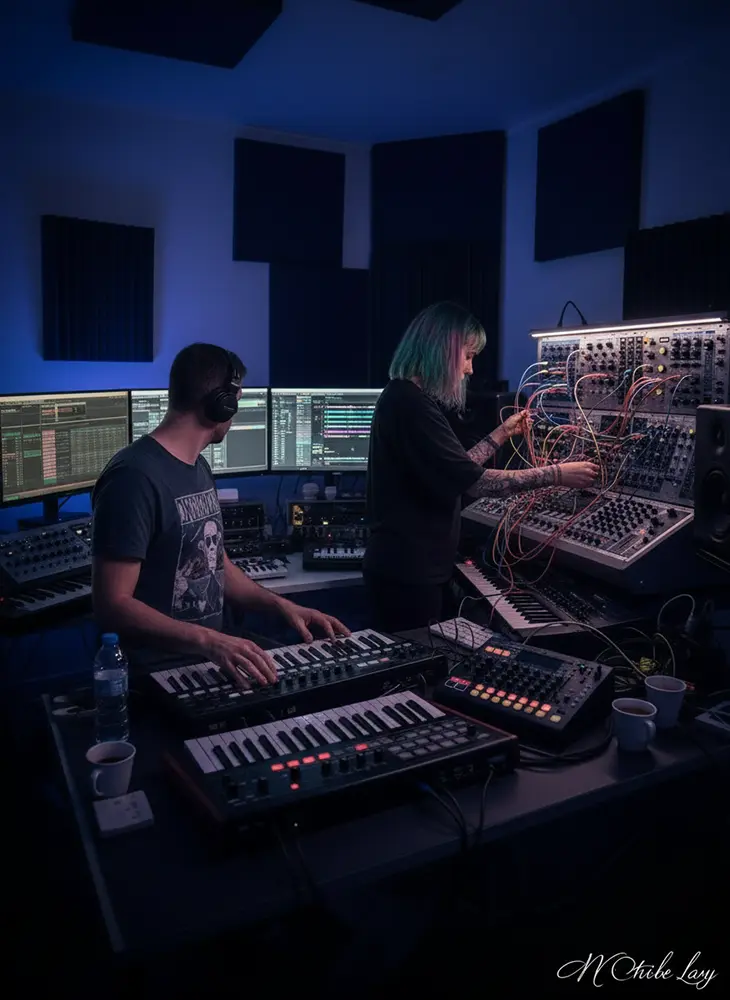 Productores trabajando juntos en estudio ajustando equipos y colaborando en la creación musical